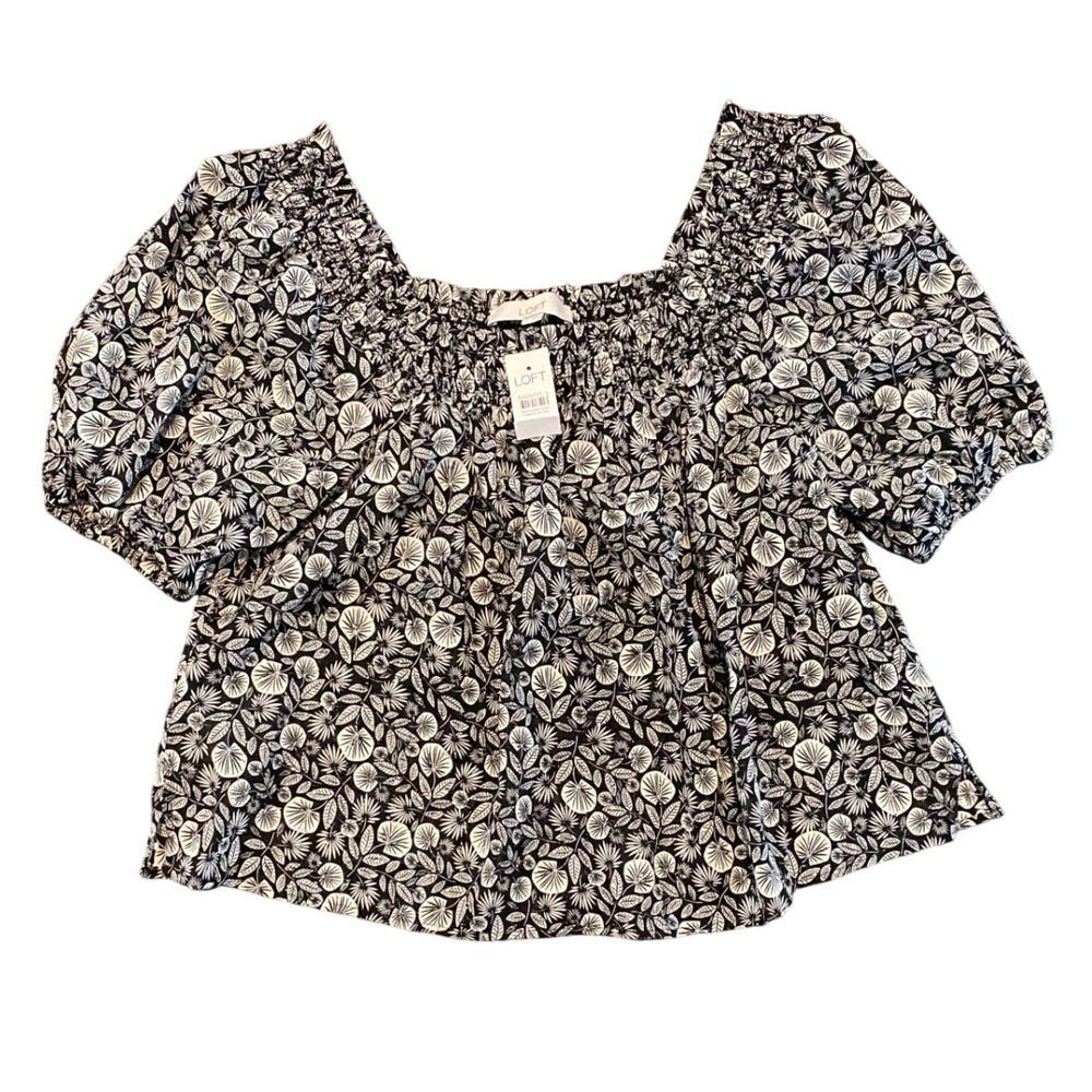 LOFT‎ Black Floral Print Square Neck Smocked Puff Sleeve Top Blouse - M